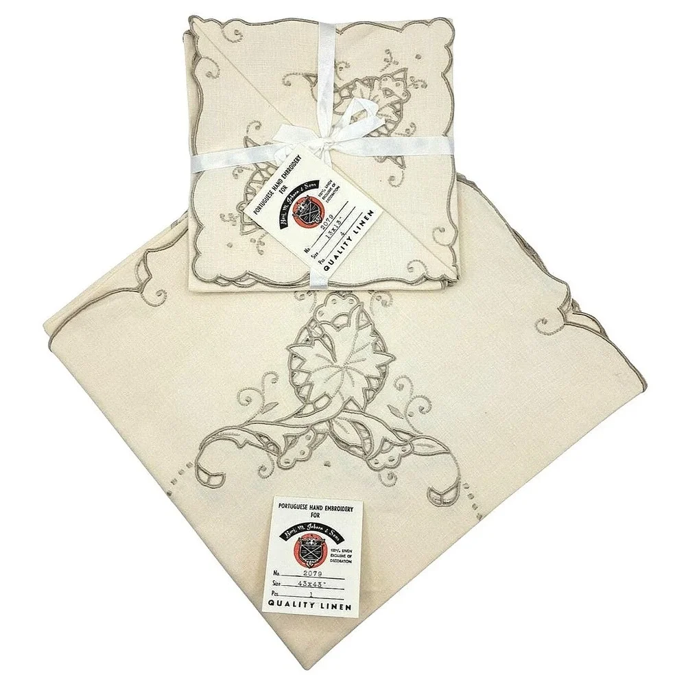 Vintage Benj. M. Jabara & Sons Portuguese Hand Embroidery Linen Table Set‎ Cream